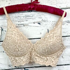 Maidenform [Size 32D] Beige Lace‎ T-Shirt Bra Full Coverage Adjustable Wireless